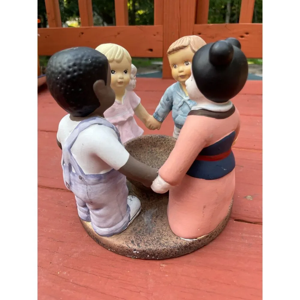 Vintage Multicultural Children Holding Hands Candle Holder Friendship Figurine
